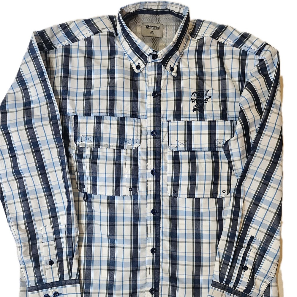Mossy Oak Fishing Shirt Mens Medium Blue‎ Plaid Vented Button Down Outdoor Sun